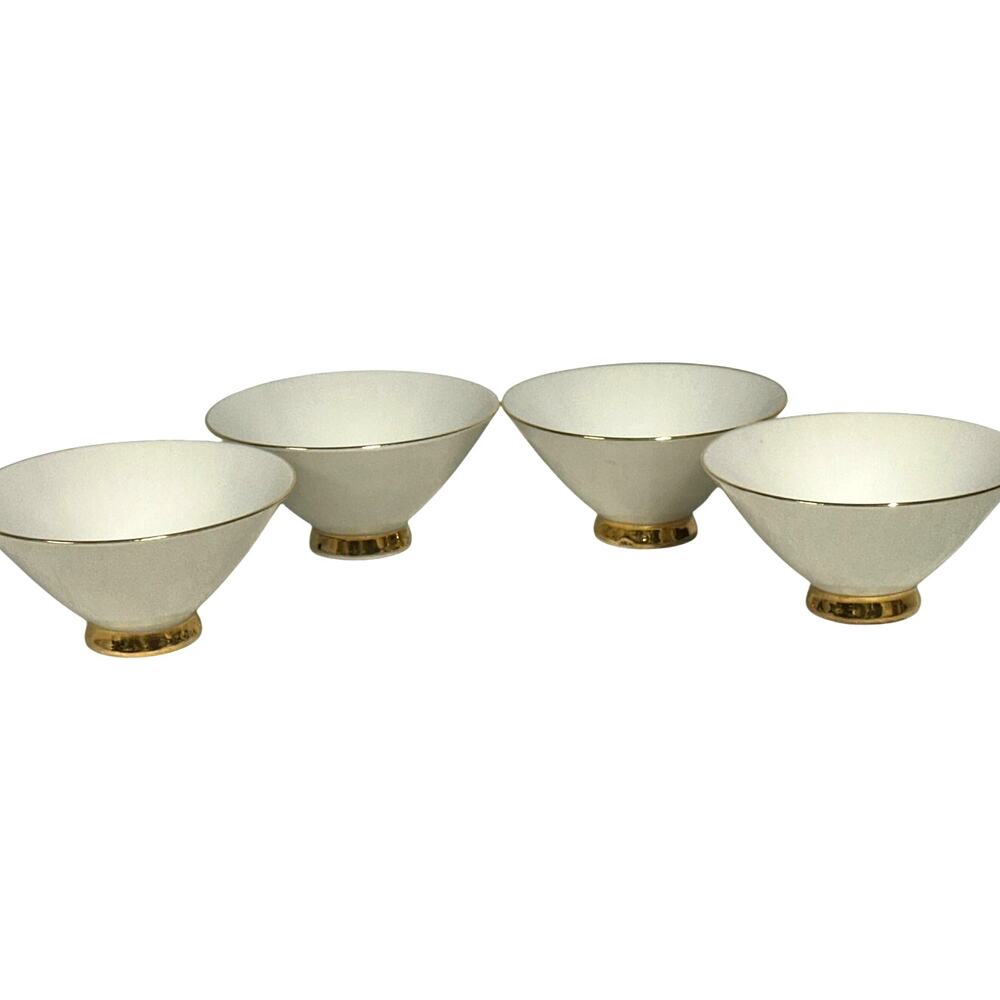 Elegant Japan Ivory-Colored Porcelain 4.5" Rice/Dessert Bowls Gold Accents-Set 4